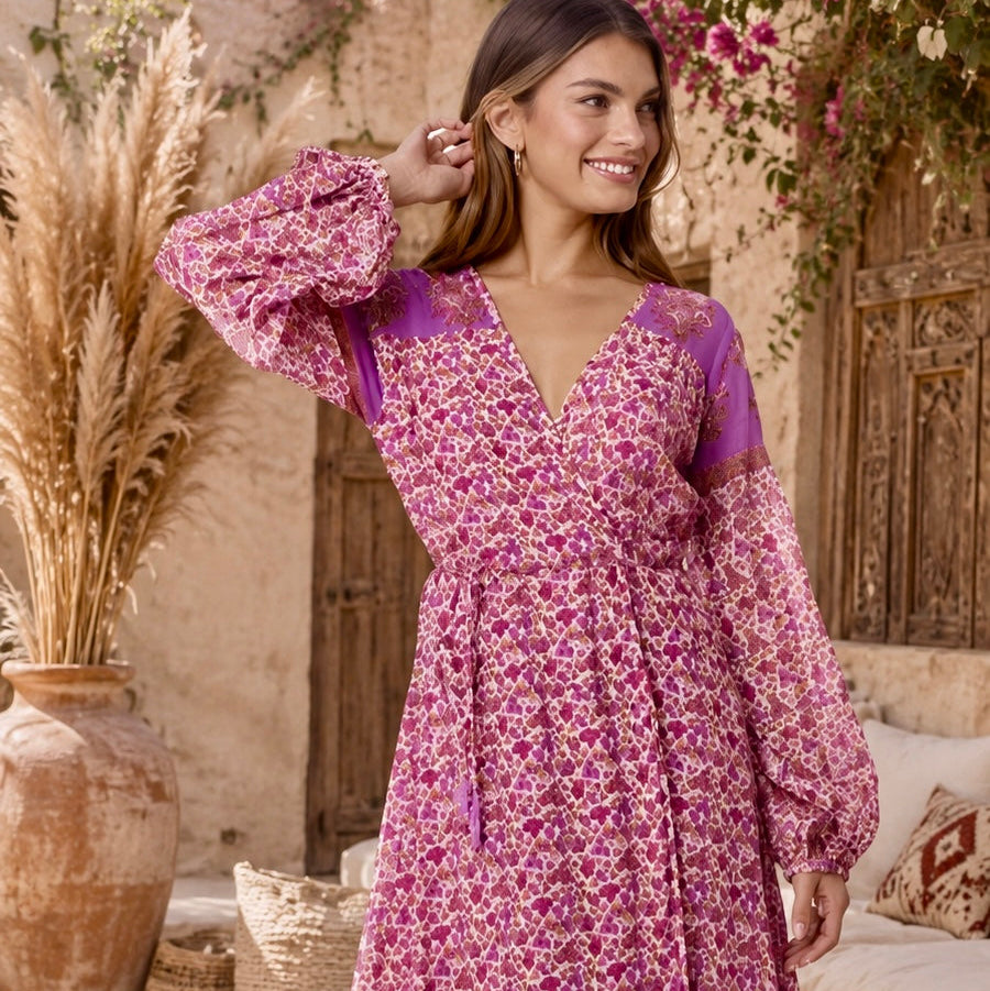 Naomi Printed Maxi Wrap Dress Long Sleeves Pink