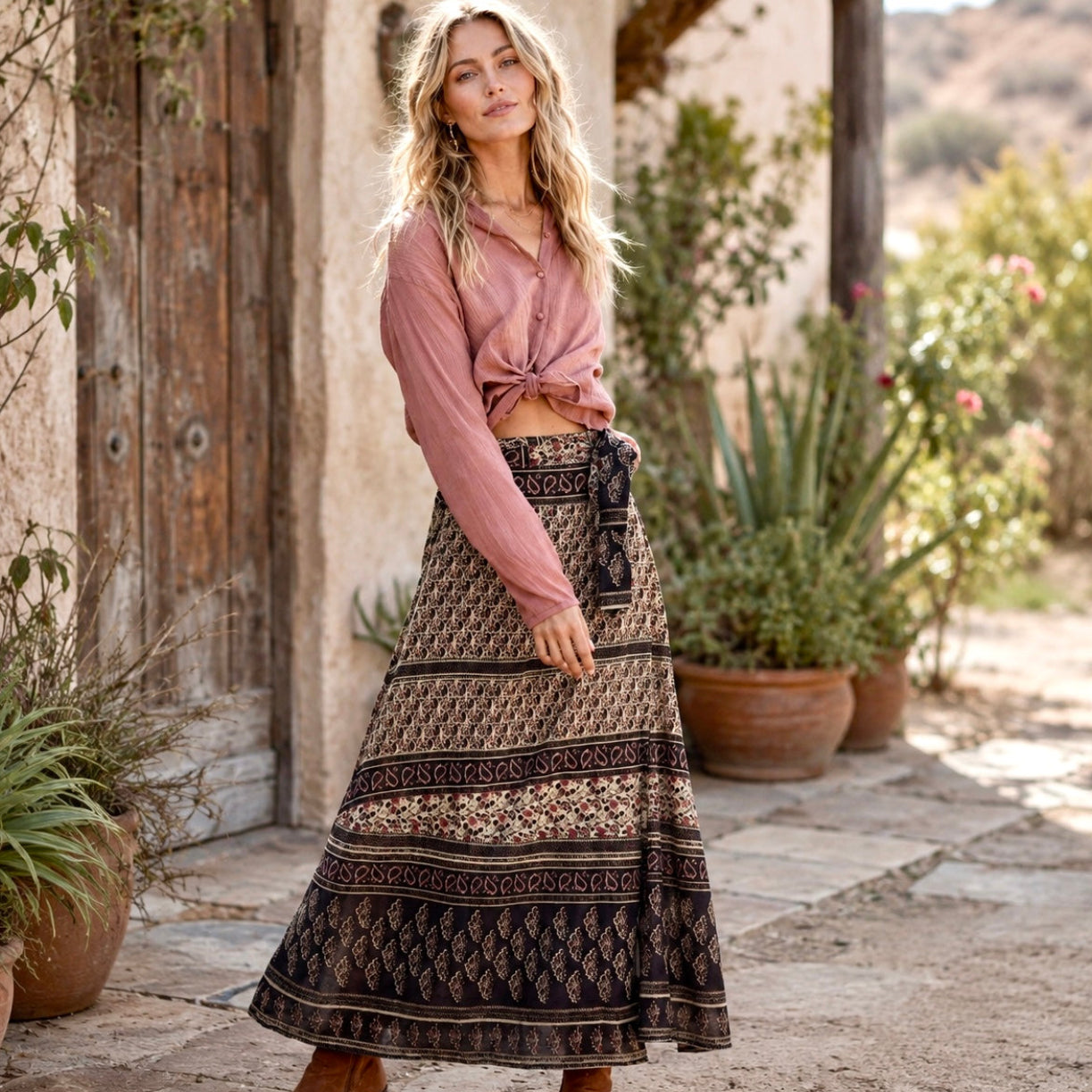 Vanessa Printed Maxi Wrap Skirt Vintage Brown