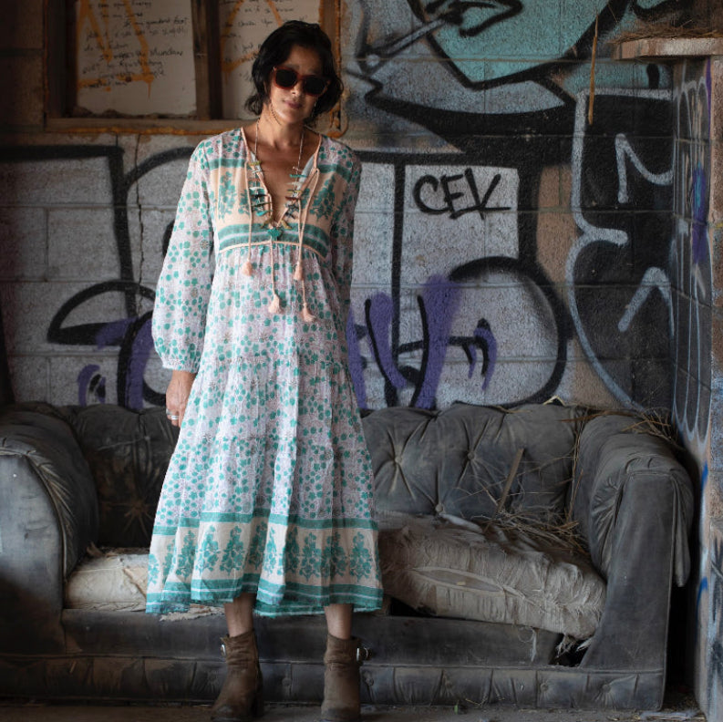 Kayla Printed Long Dress With Tassels Peach/Aqua