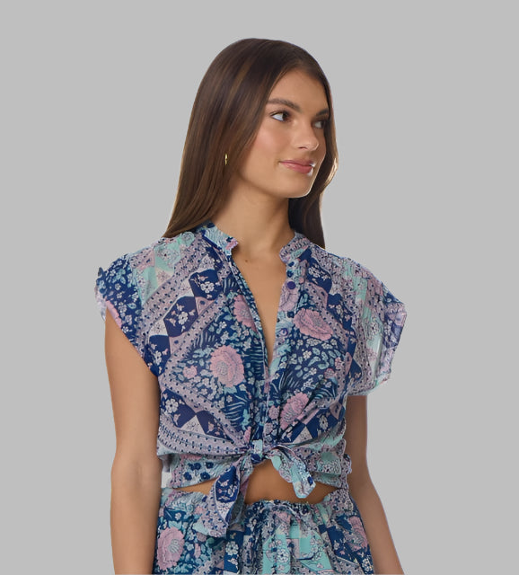 Ginger Printed Blouse Short Sleeves Patchwork Blue