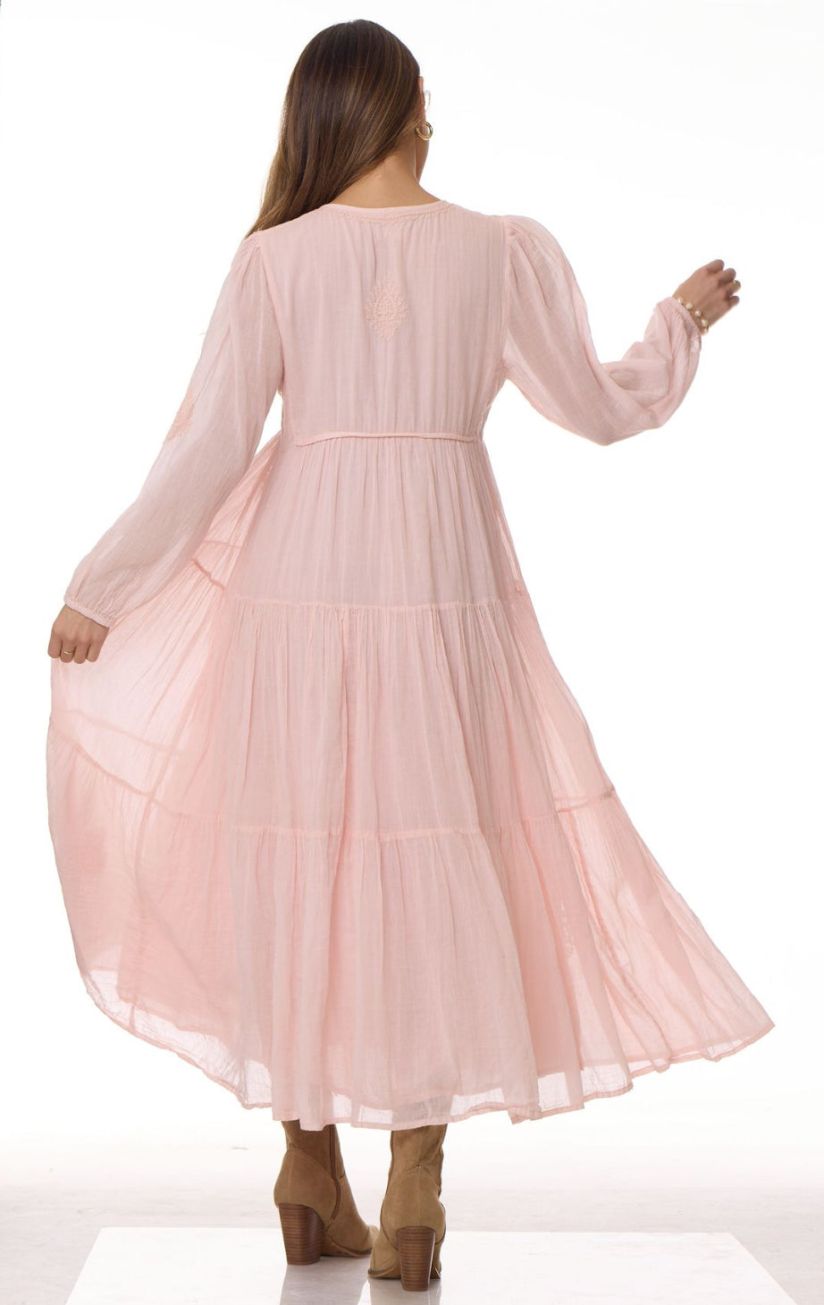 Mylene Embroidered Maxi Dress Long Sleeves Peach