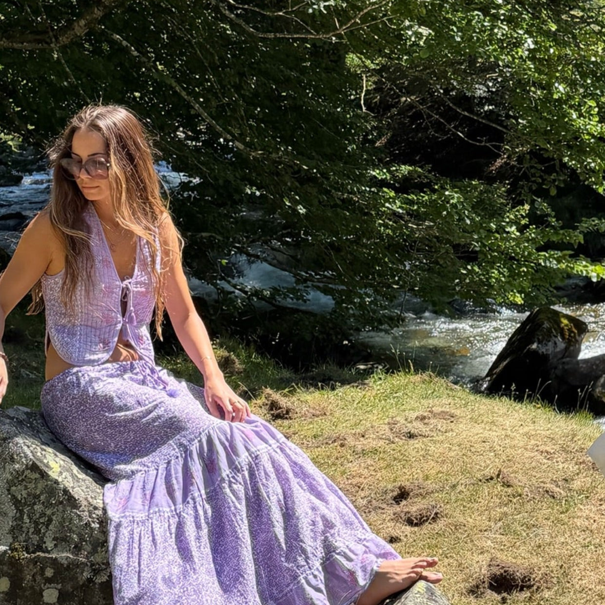 June Printed Sleeveless Vest With Tassels Lilac