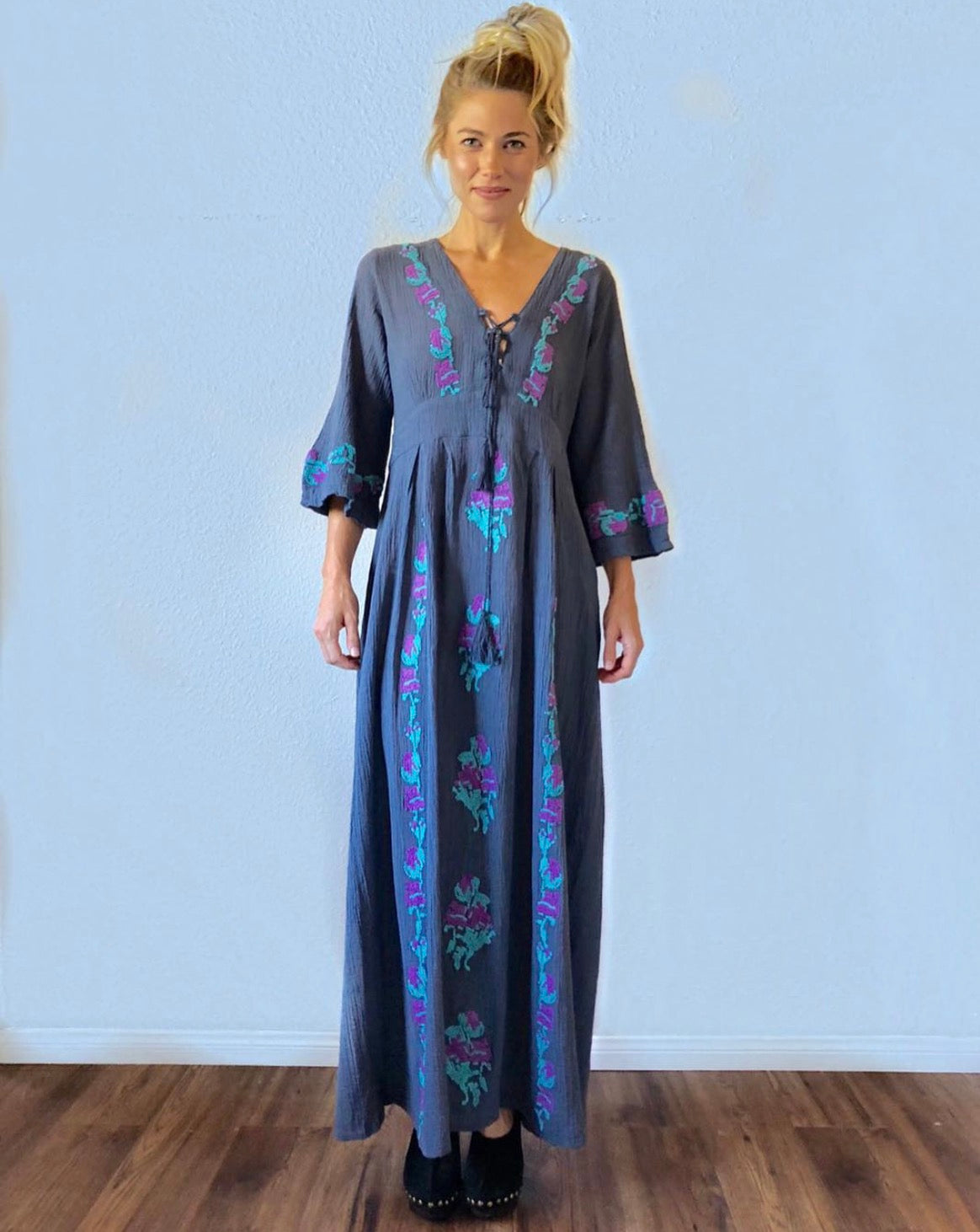 Thea Embroidered Maxi Dress Long Sleeves and Tassels Grey/Turquoise M/L