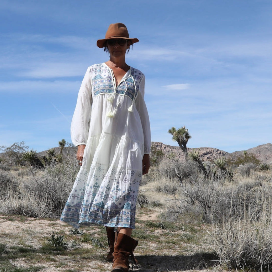 Kayla Printed Long Dress With Tassels Natural/Blue