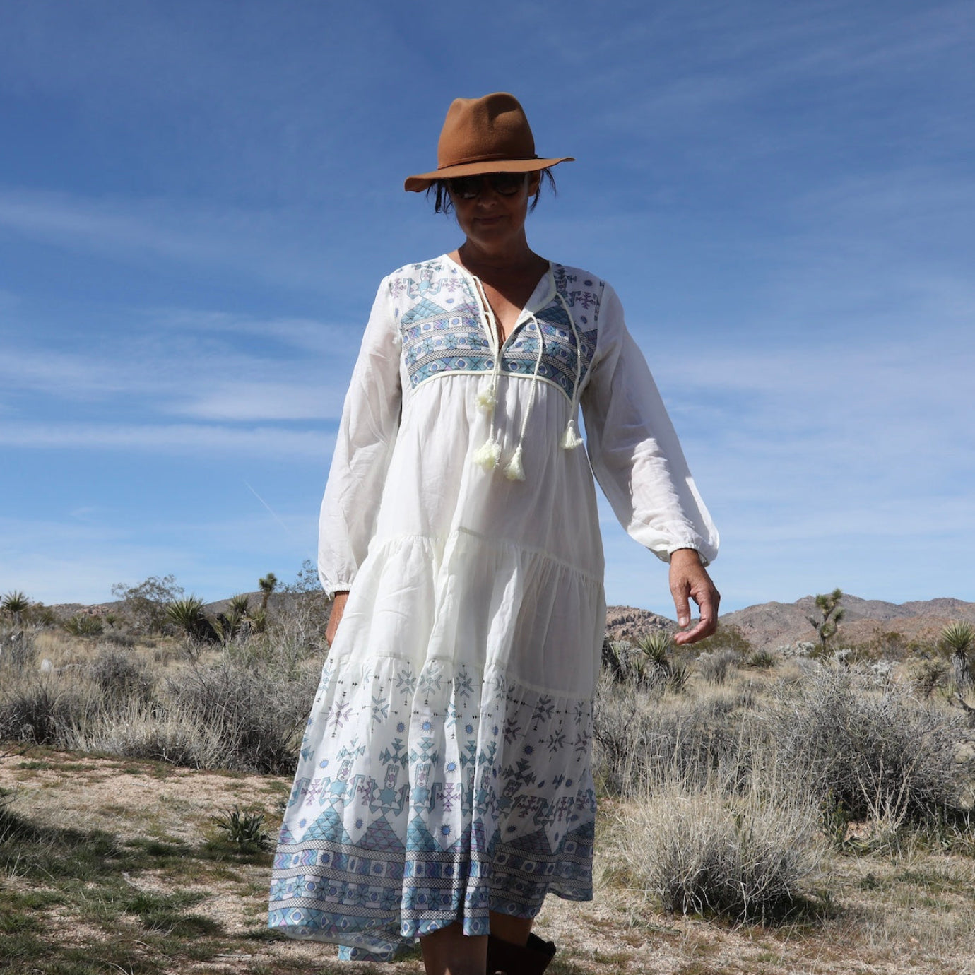 Kayla Printed Long Dress With Tassels Natural/Blue