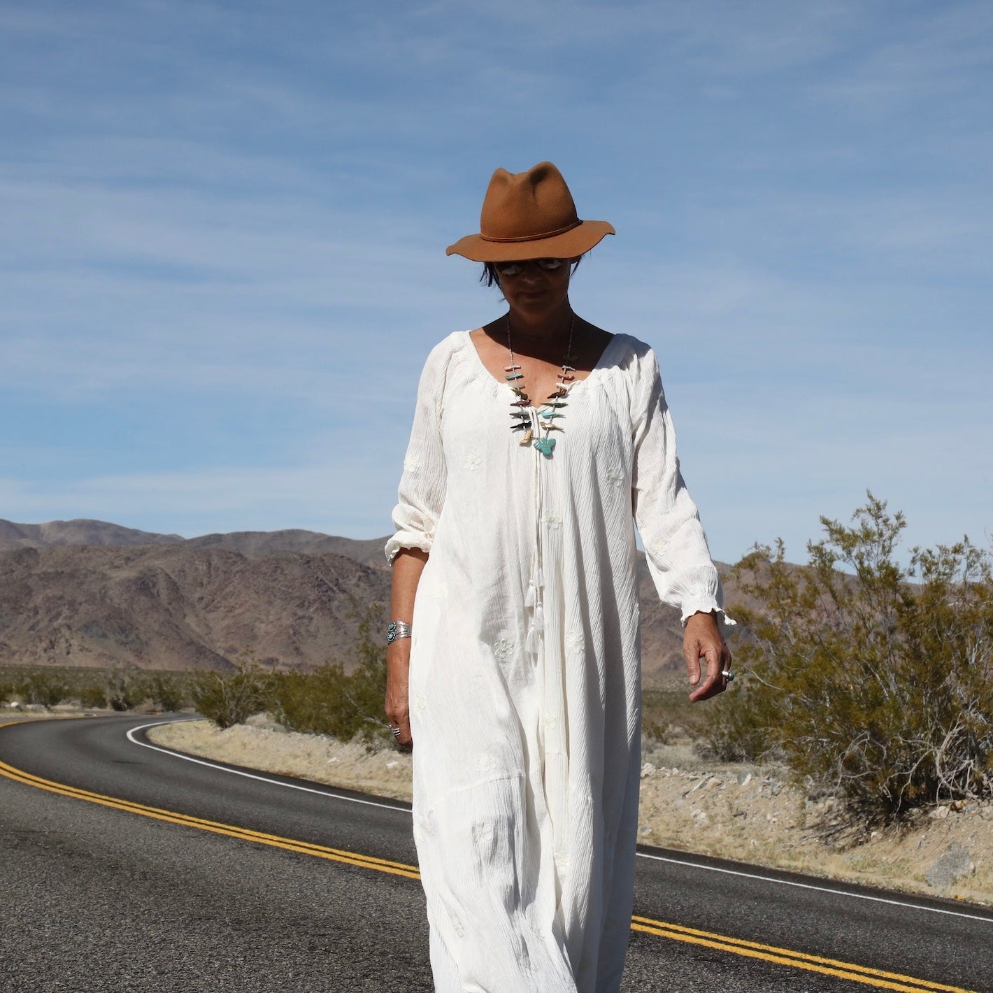 Thelma Embroidered Maxi Dress With Long Sleeves And Side Pockets Natural
