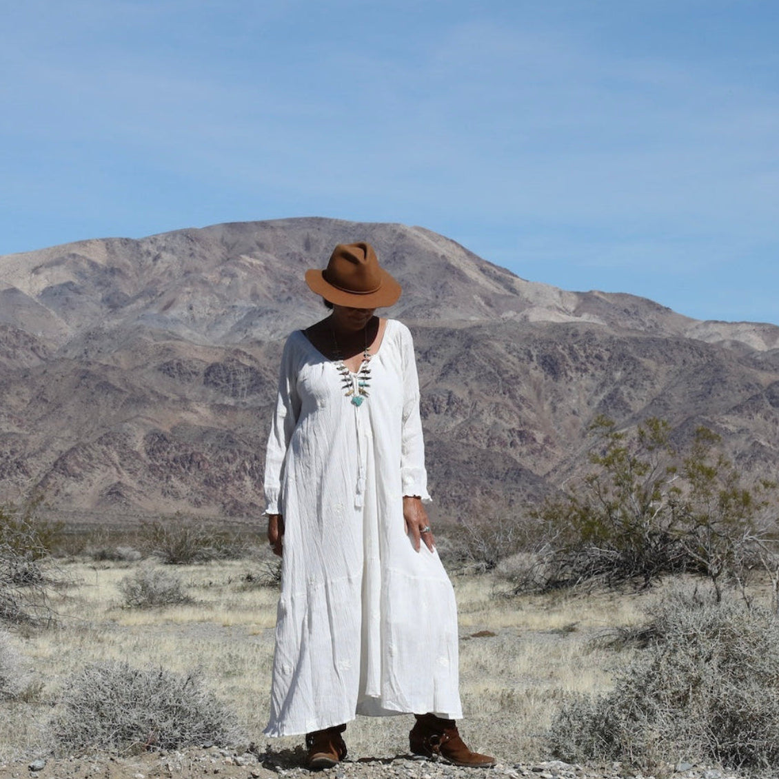 Thelma Embroidered Maxi Dress With Long Sleeves And Side Pockets Natural