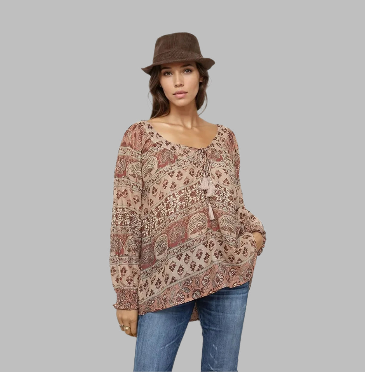 Ella Printed Blouse Long Sleeves Beige