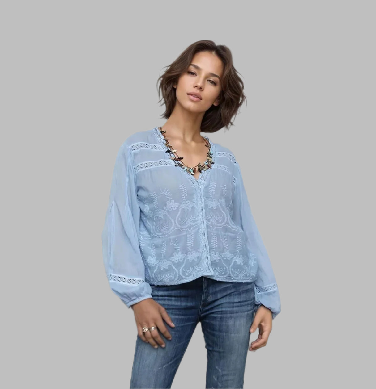 Cathy Embroidered Blouse Long Sleeves Blue