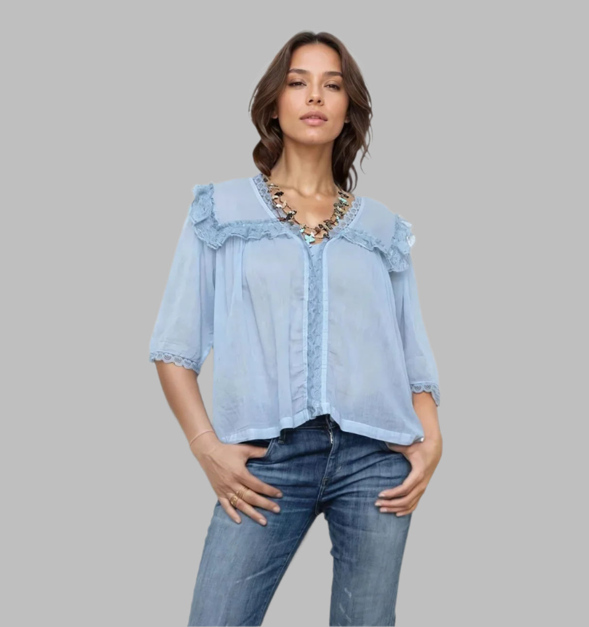 Kelly Blouse Short Sleeves With Lace Blue