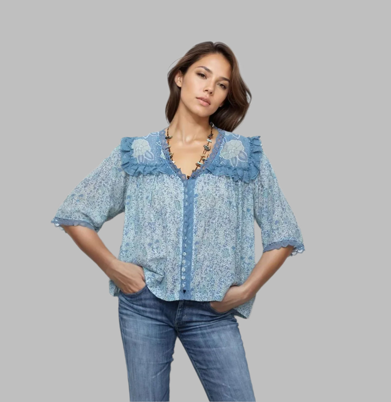 Kelly Printed Blouse Short Sleeves and Lace Liberty Blue