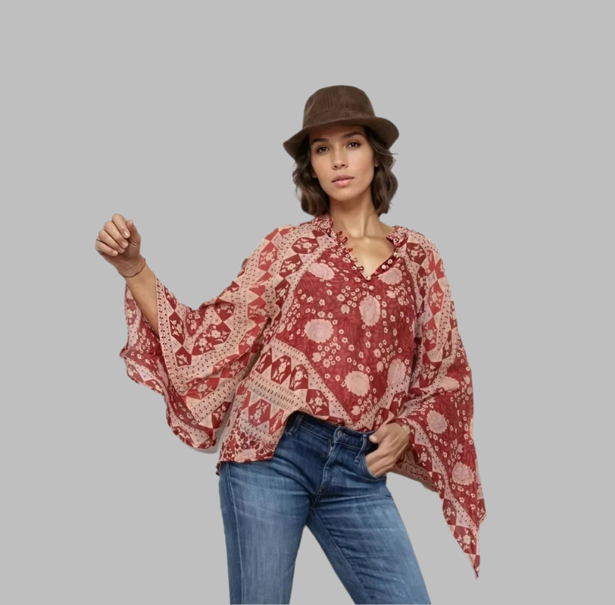 Audrey Printed Blouse Butterfly Sleeves Red