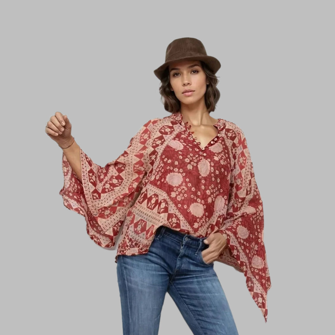 Audrey Printed Blouse Butterfly Sleeves Red