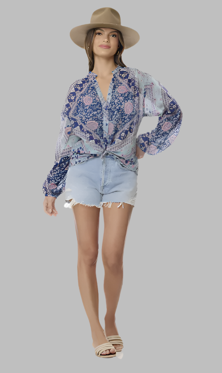 Ginger Printed Blouse Long Sleeves Patchwork Blue