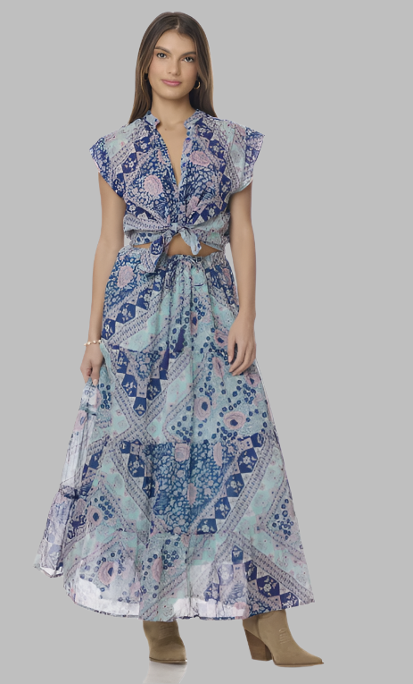 Ginger Printed Blouse Short Sleeves Patchwork Blue