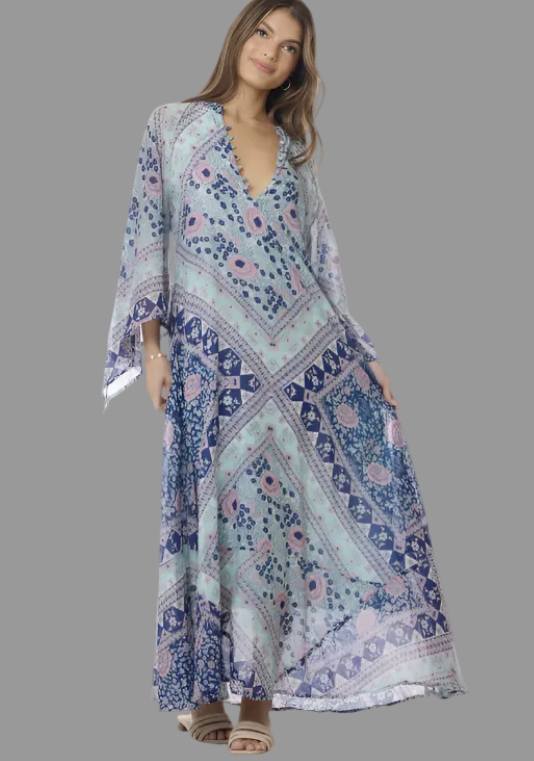 Audrey Printed Maxi Dress Butterfly Sleeves Patchwork Blue M