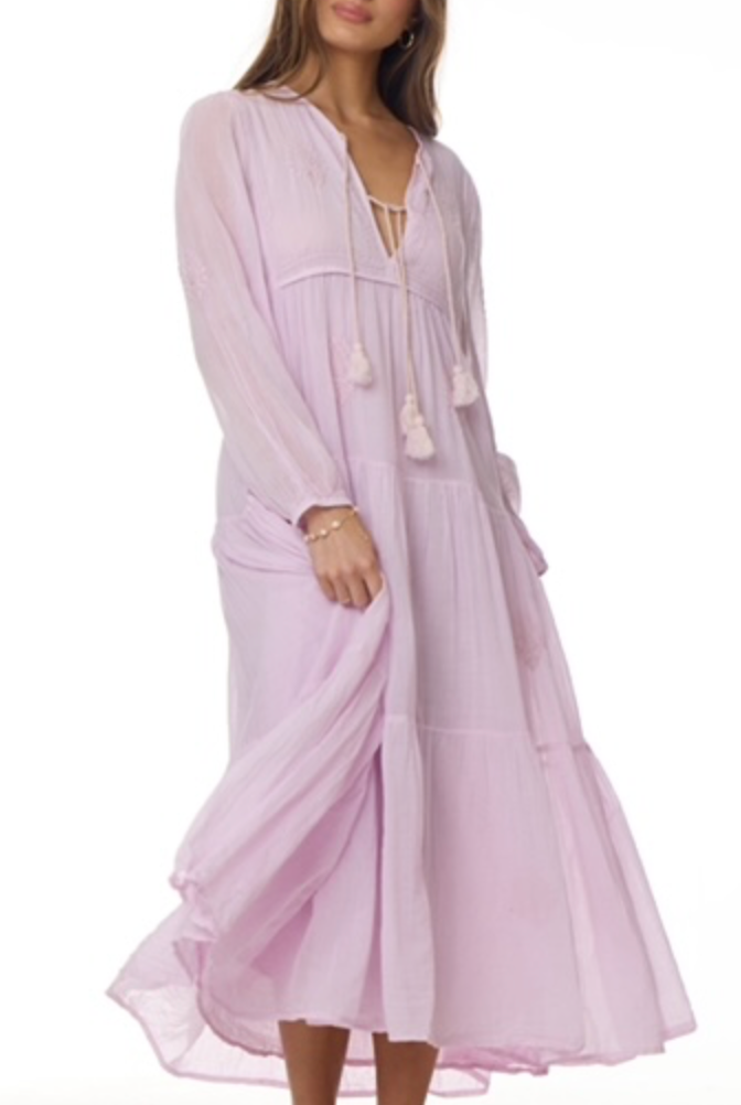 Mylene Embroidered Maxi Dress Long Sleeves Lavender - Blue Boheme