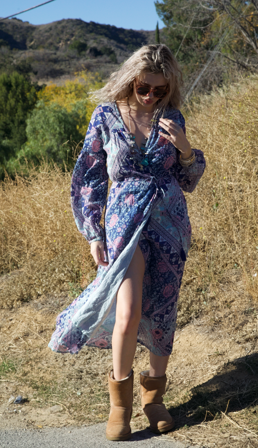 Naomi Printed Maxi Wrap Dress Long Sleeves Blue