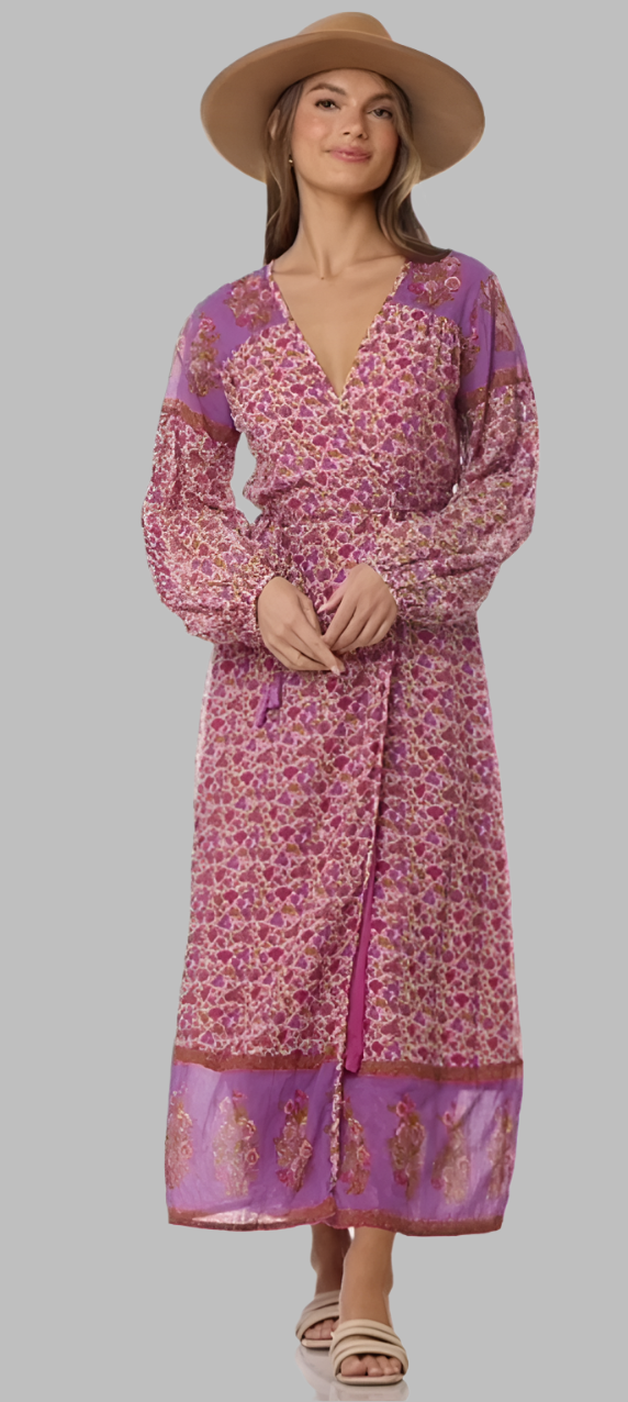 Naomi Printed Maxi Wrap Dress Long Sleeves Pink
