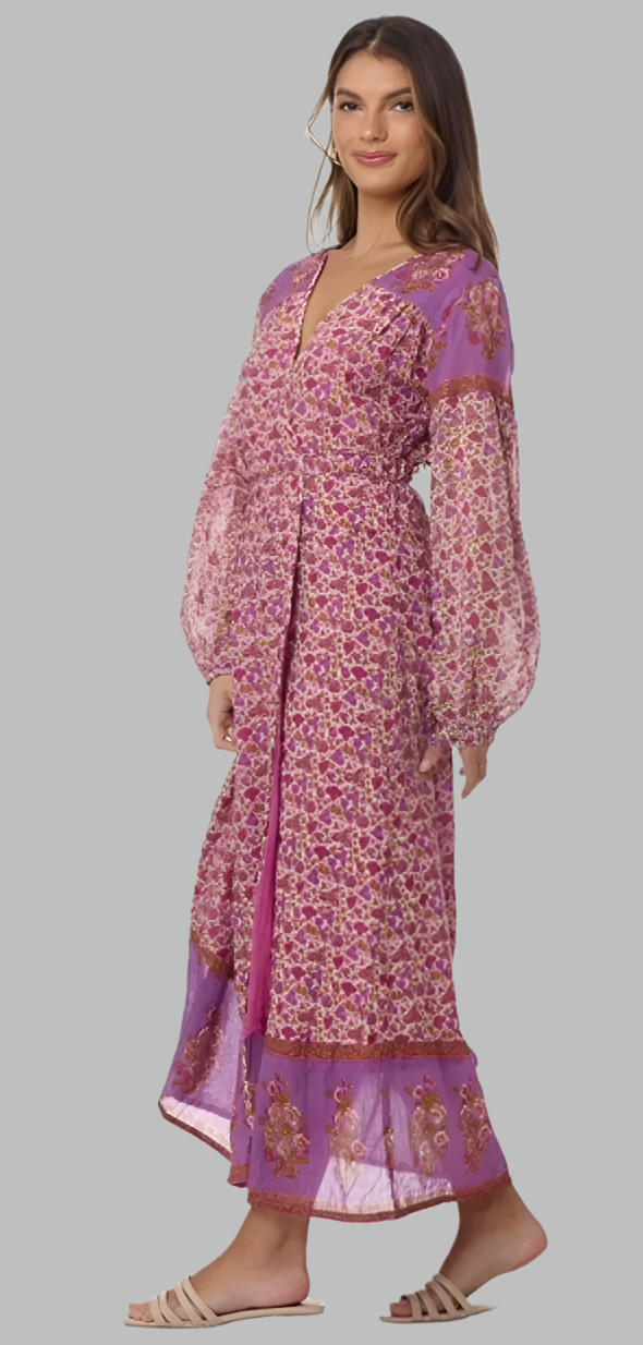 Naomi Printed Maxi Wrap Dress Long Sleeves Pink