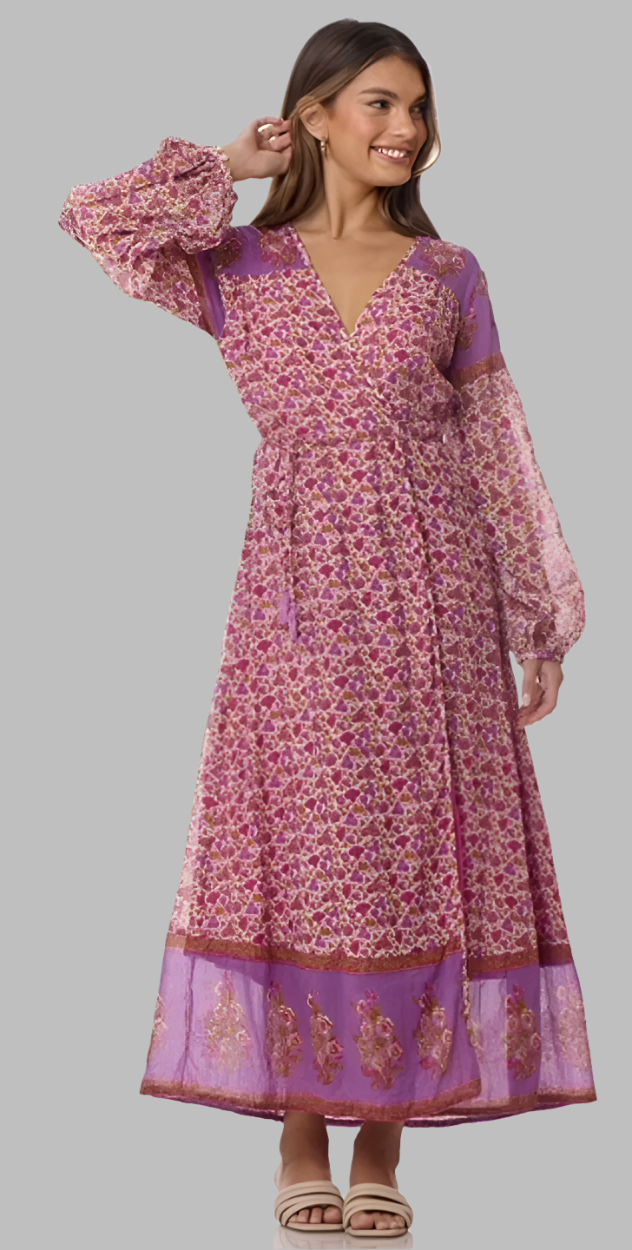 Naomi Printed Maxi Wrap Dress Long Sleeves Pink