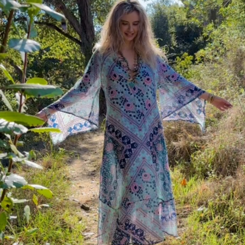 Audrey Printed Maxi Dress Butterfly Sleeves Patchwork Blue