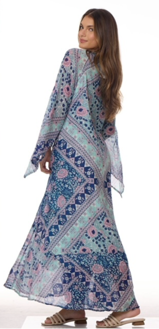 Audrey Maxi Dress Butterfly Sleeves Patchwork Blue