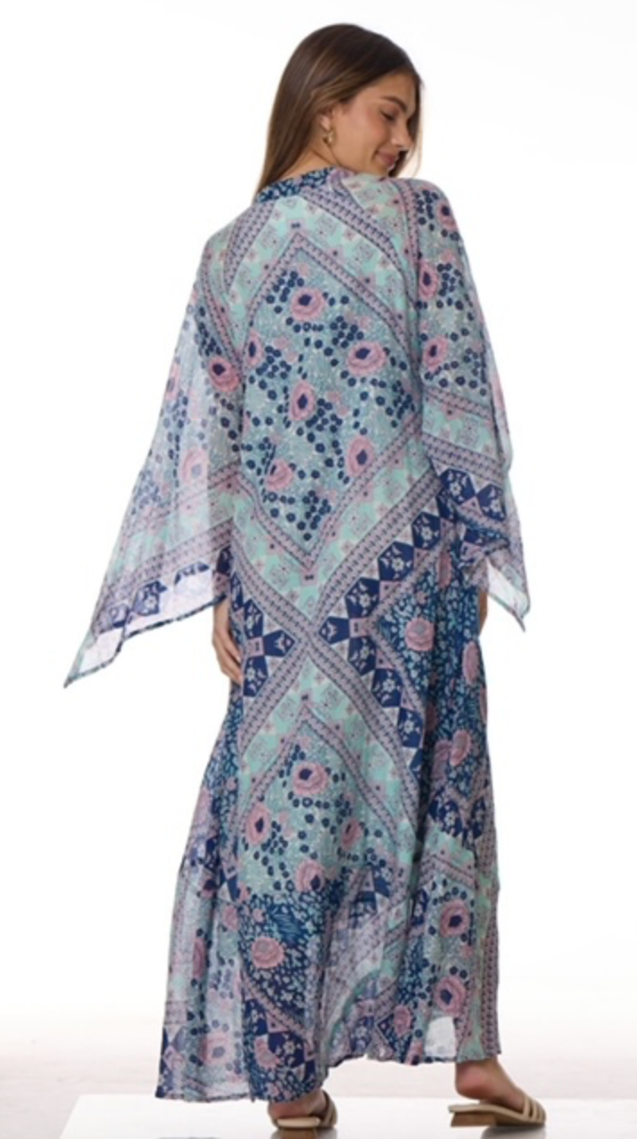 Audrey Maxi Dress Butterfly Sleeves Patchwork Blue