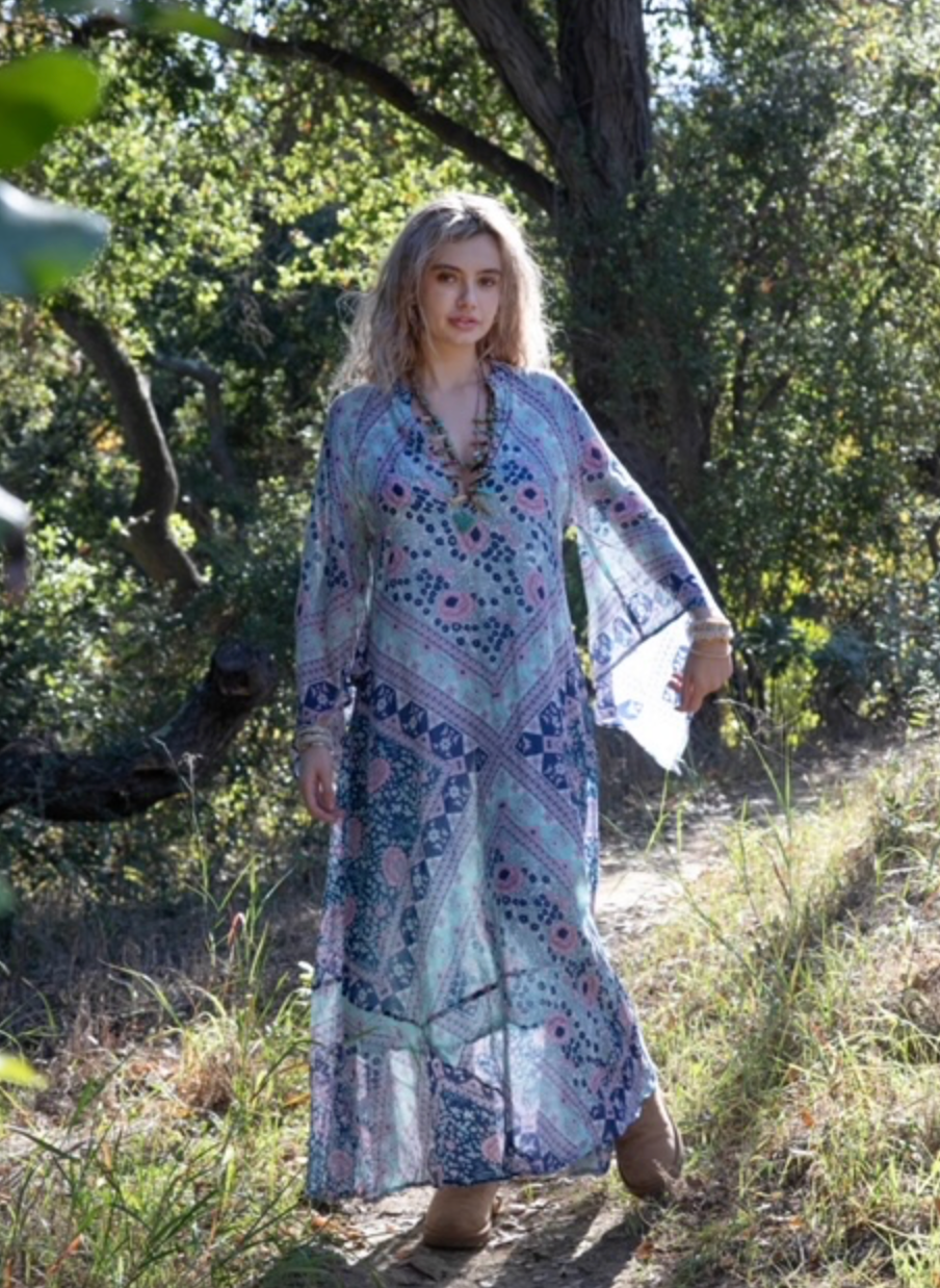 Audrey Maxi Dress Butterfly Sleeves Patchwork Blue