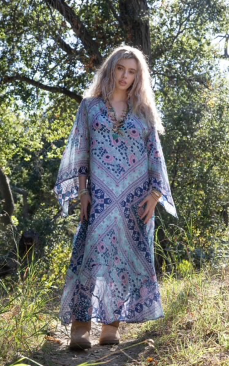 Audrey Printed Maxi Dress Butterfly Sleeves Patchwork Blue Audrey Printed Maxi Dress Butterfly Sleeves Patchwork Blue