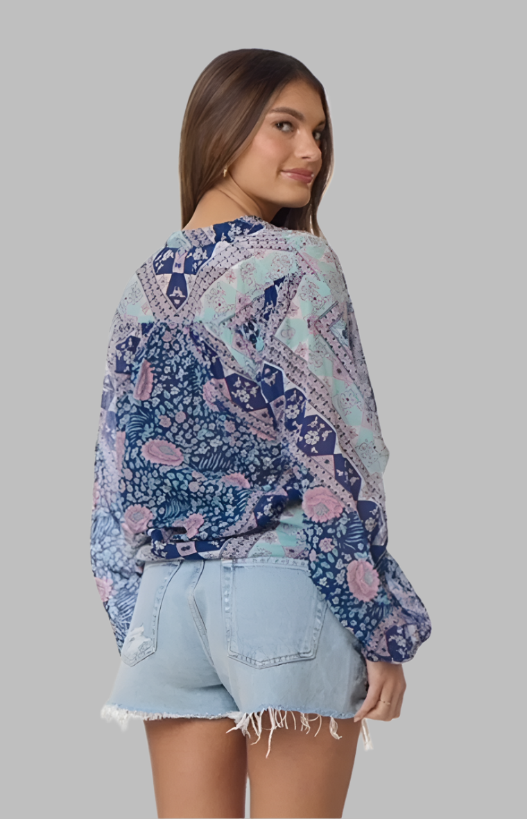 Ginger Printed Blouse Long Sleeves Patchwork Blue