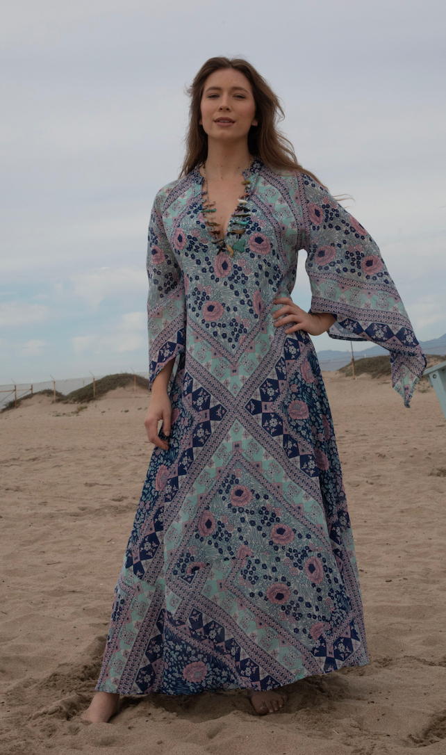 Audrey Maxi Dress Butterfly Sleeves Patchwork Blue
