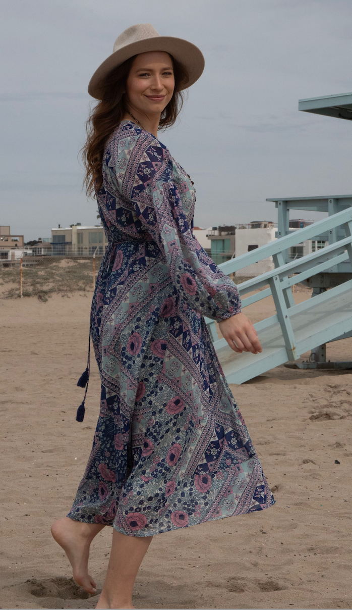 Blue Boheme Naomi Printed Maxi Wrap Dress Long Sleeves Blue