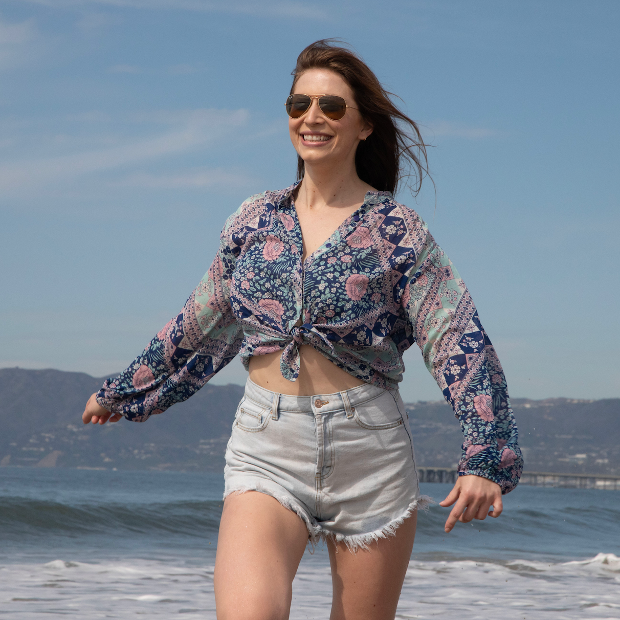 Ginger Printed Blouse Long Sleeves Patchwork Blue