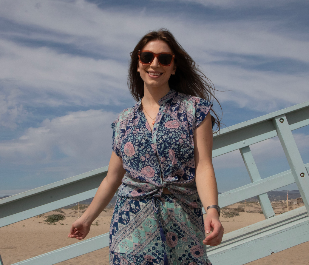 Ginger Printed Blouse Short Sleeves Patchwork Blue