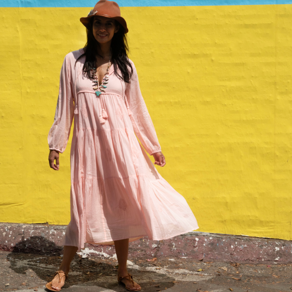 Mylene Hand Embroidered Maxi Dress Long SleevesWith Tassels Peach S/M