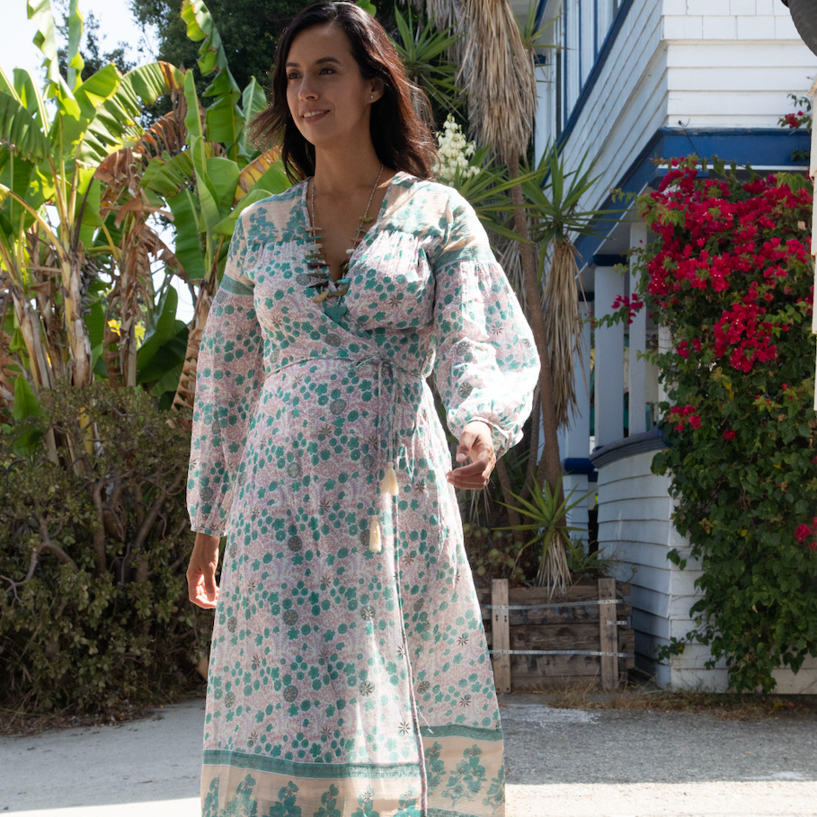 Naomi Printed Wrap Dress Long Sleeves Peach