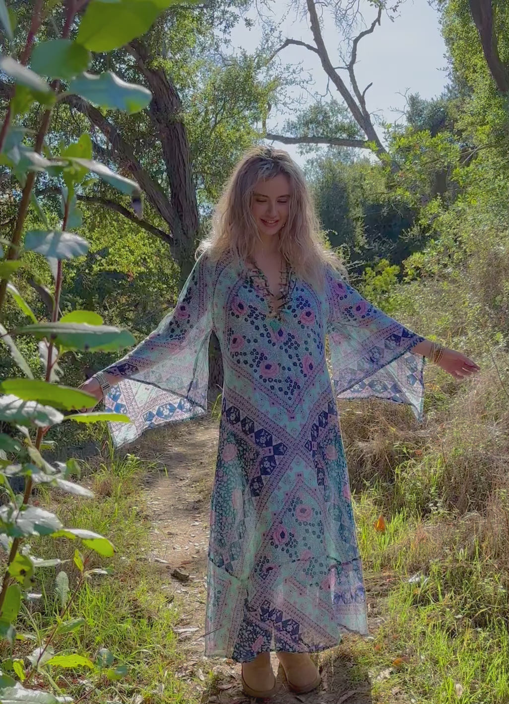 Audrey Printed Maxi Dress Butterfly Sleeves Patchwork Blue – Blue