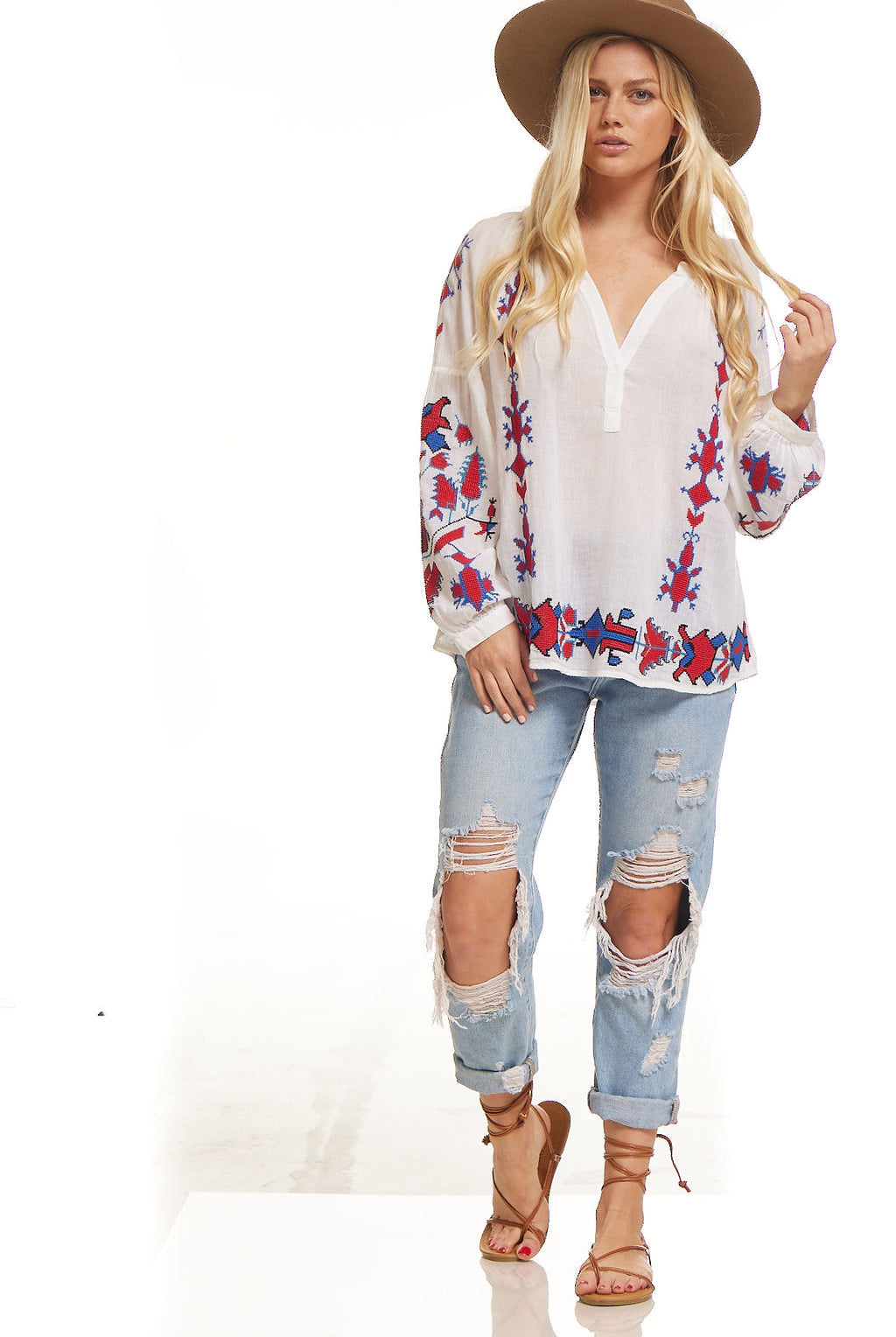 Lola Embroidered Tunic Natural/Red - Blue Boheme
