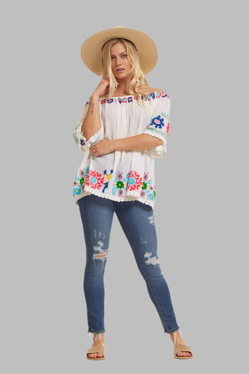 Eloise Embroidered Tunic Off Shoulder Natural/ Multicolor