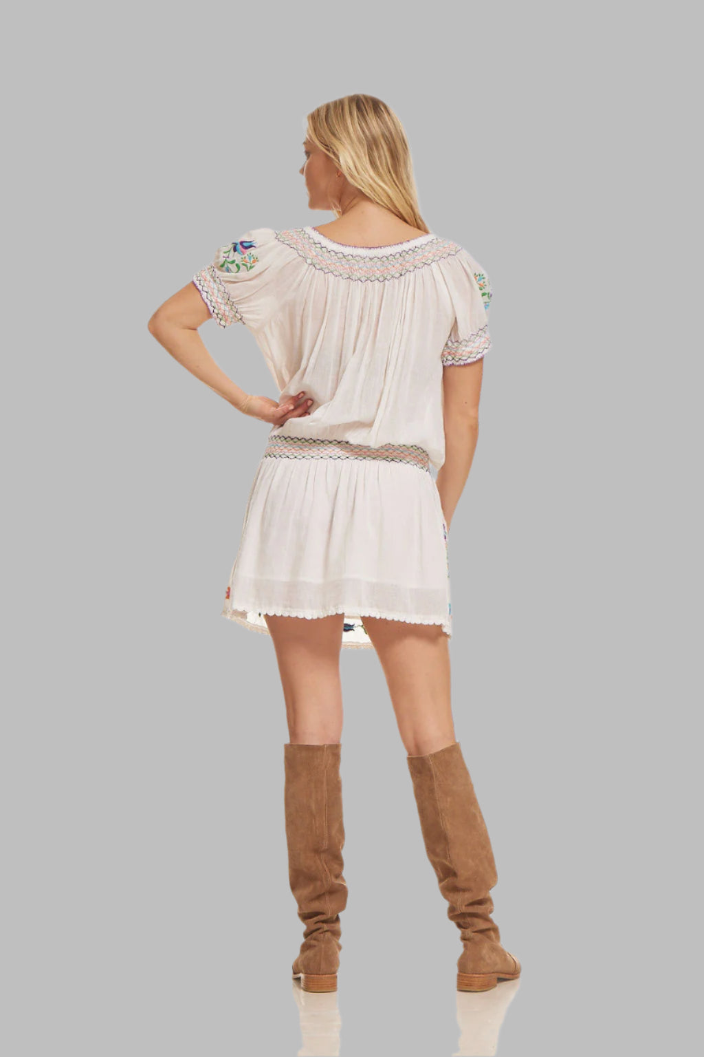 Everly Embroidered Short Dress Off Shoulder Natural/ Multicolor