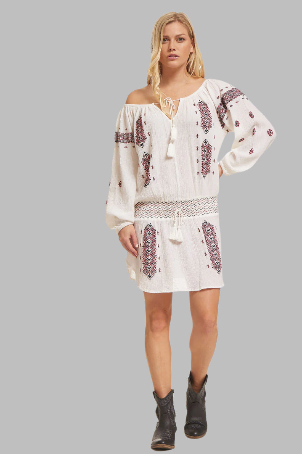 Lisa Embroidered Short Dress or Tunic Natural/Red