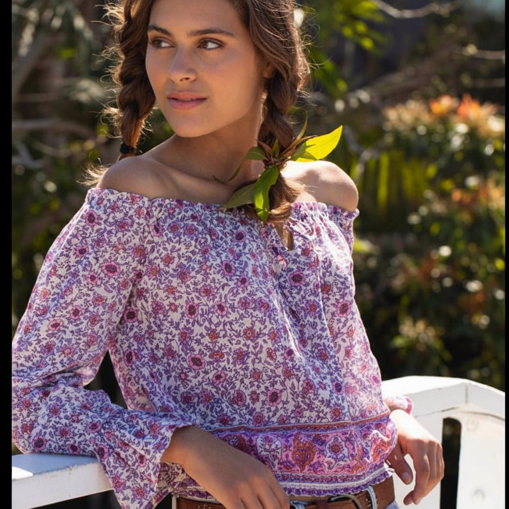 Bliss Printed Blouse Long Sleeves Off Shoulder Pink