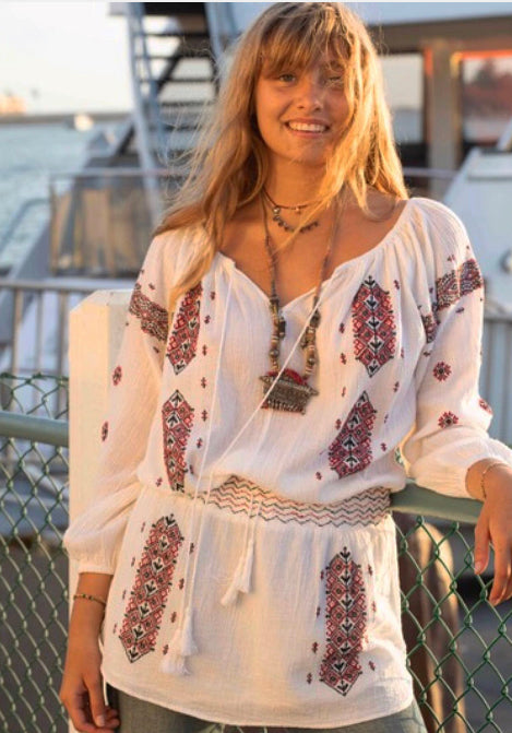 Lisa Embroidered Short Dress or Tunic Natural/Red