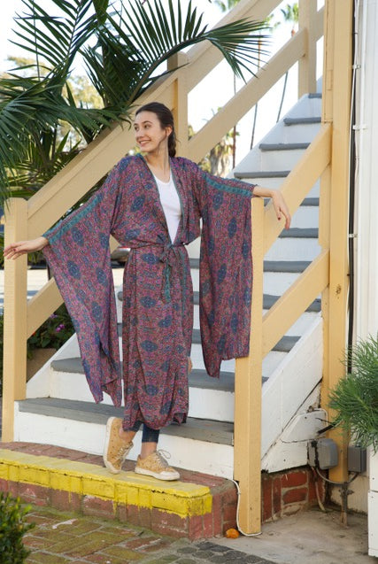 Lea Printed Long Kimono Green - Blue Boheme