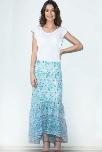 Poppy Printed Long Skirt  Aqua - Blue Boheme