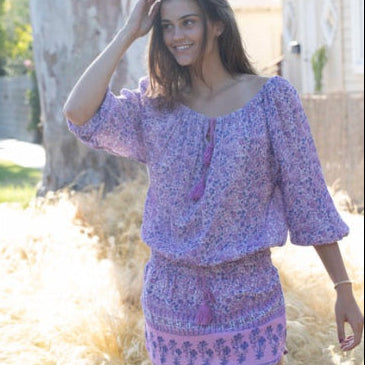 Cassidy Printed Short Dress Long Sleeves Off Shoulder Lavender
