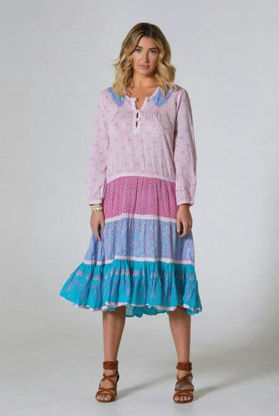 Cora Printed Long Dress Patchwork Pink - Blue Boheme