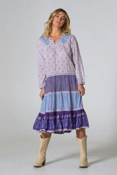 Cora Printed Long Dress Patchwork Purple