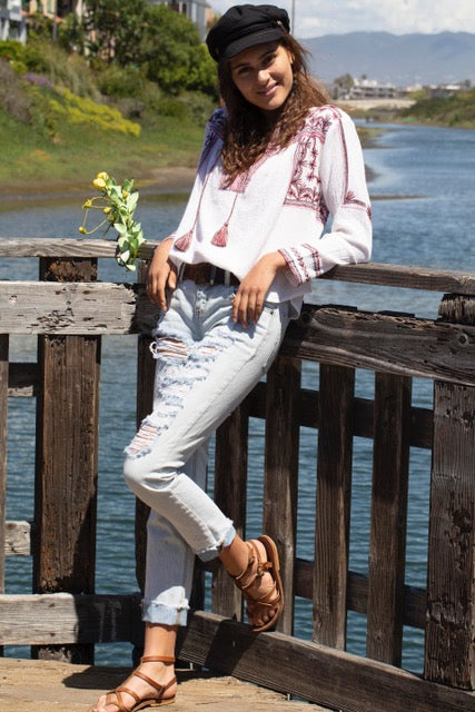 Isabella Embroidered Blouse Natural/ Red